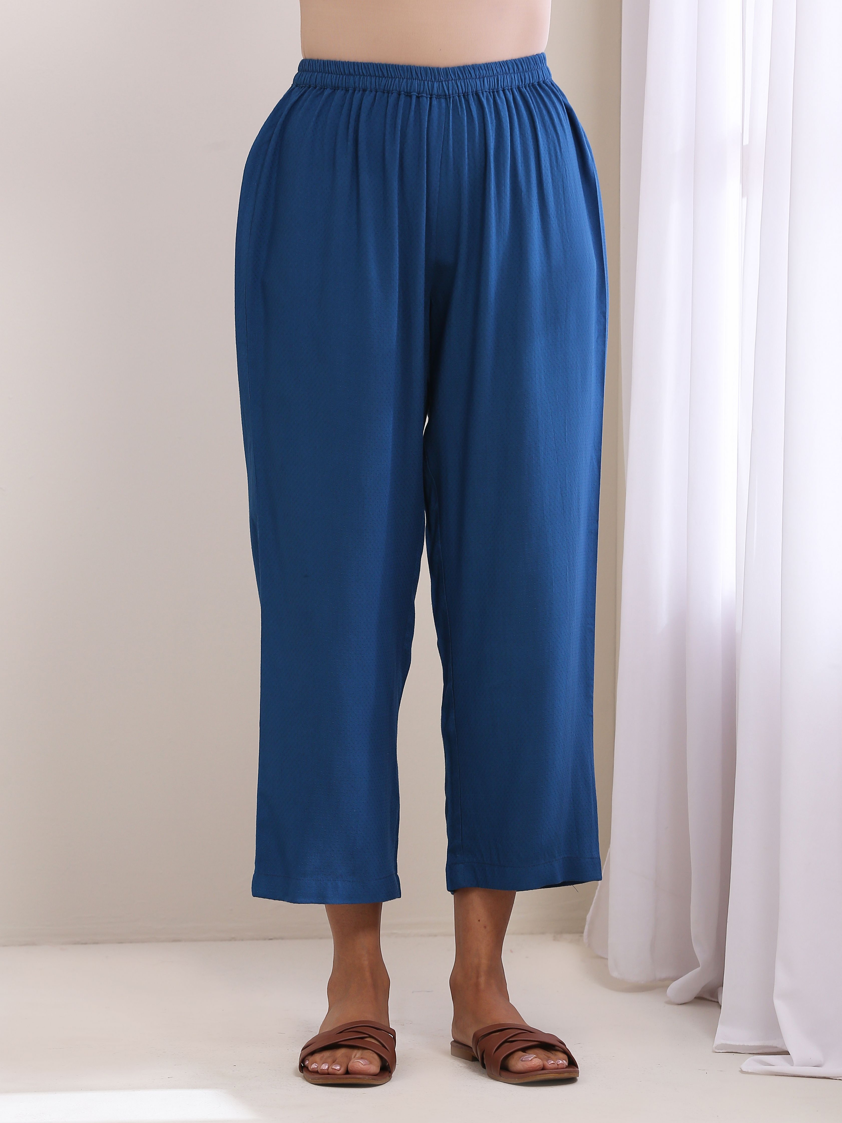 trueBrowns Classic Blue Dobby High Slit Gathered Kurta Set - Distacart