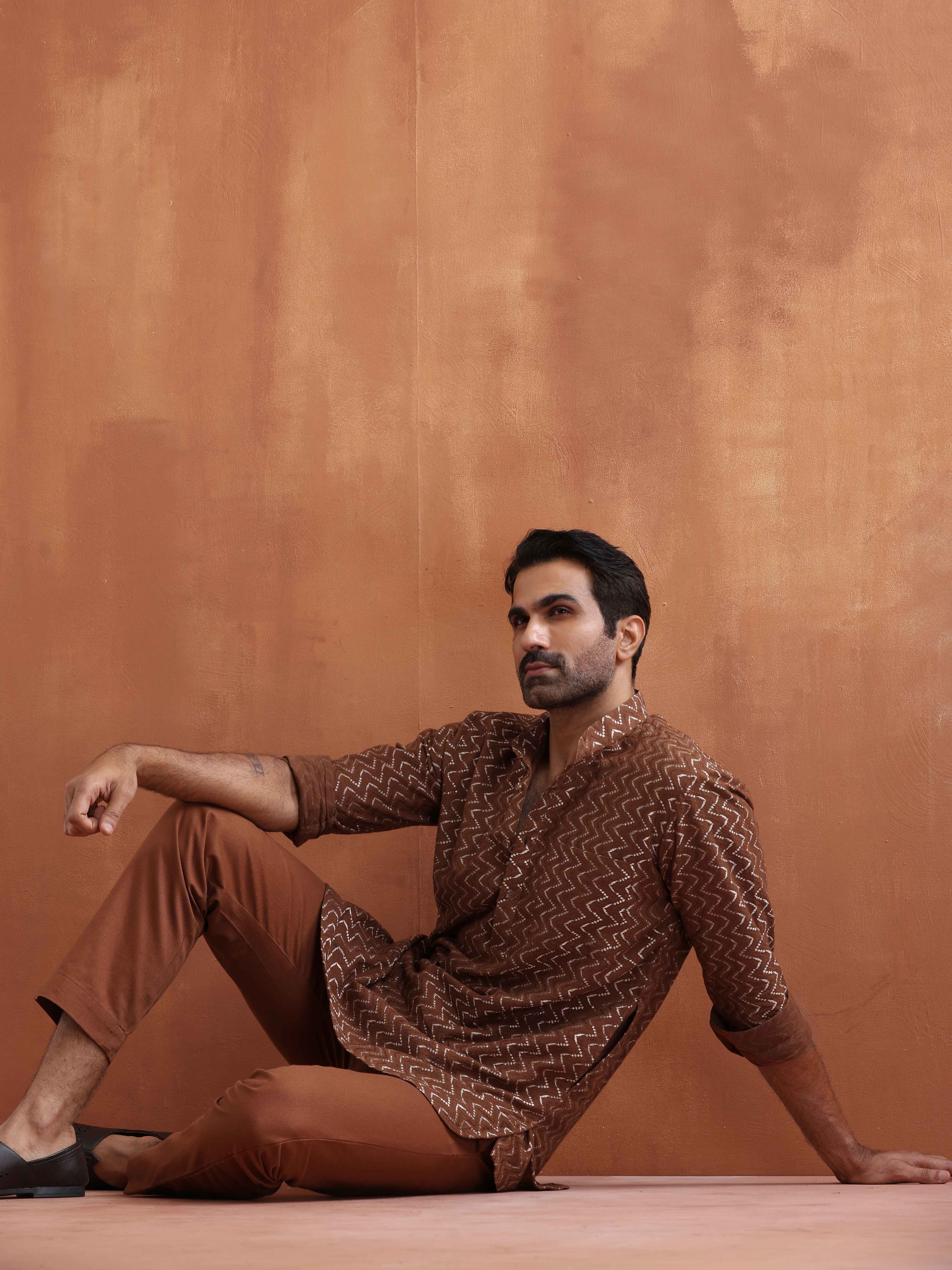 trueBrowns Men's Brown Cotton Dobby Short Kurta - Distacart