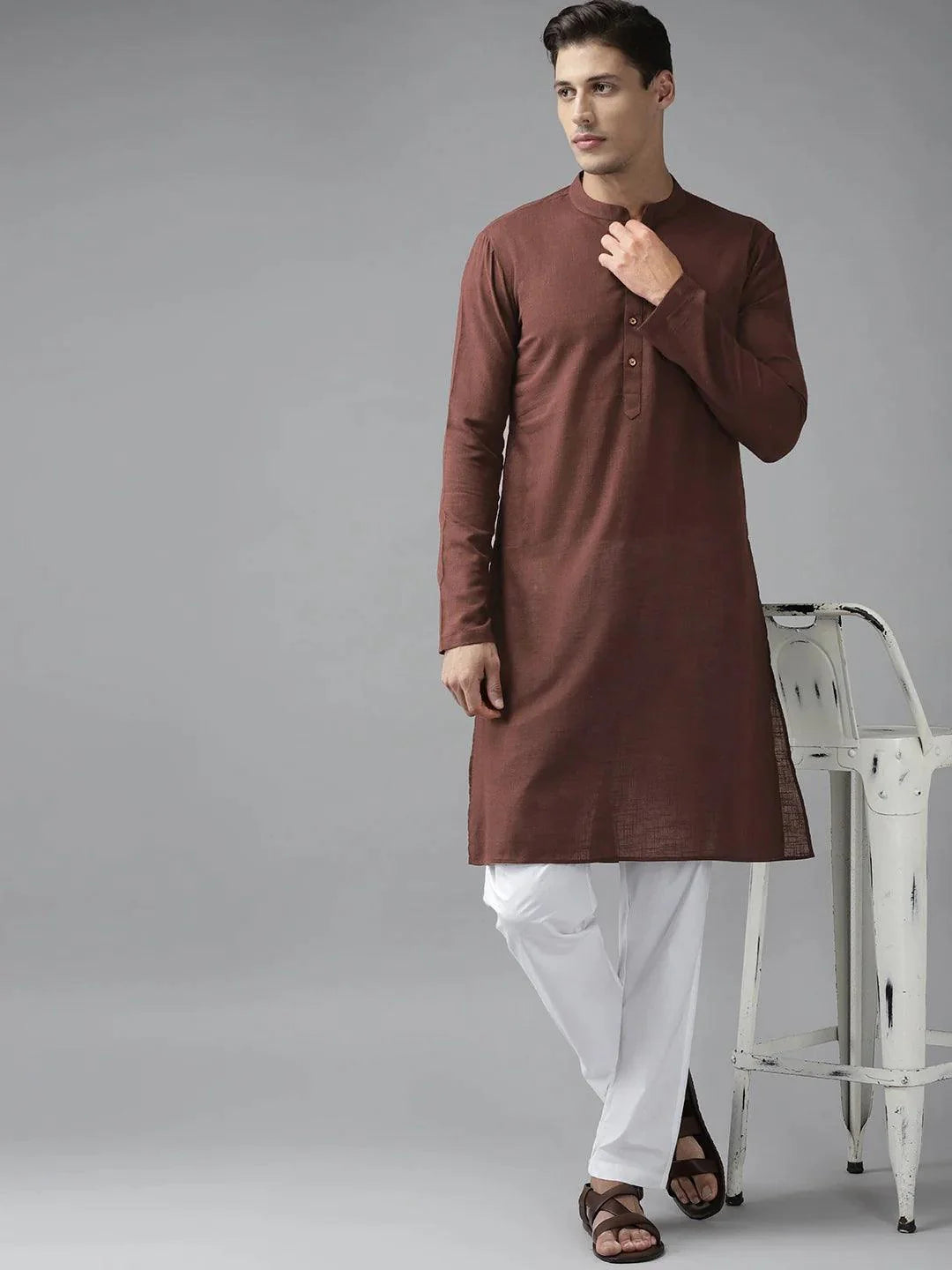 Fabmade Men Brown Cotton Linen Kurta Pyjama - Distacart