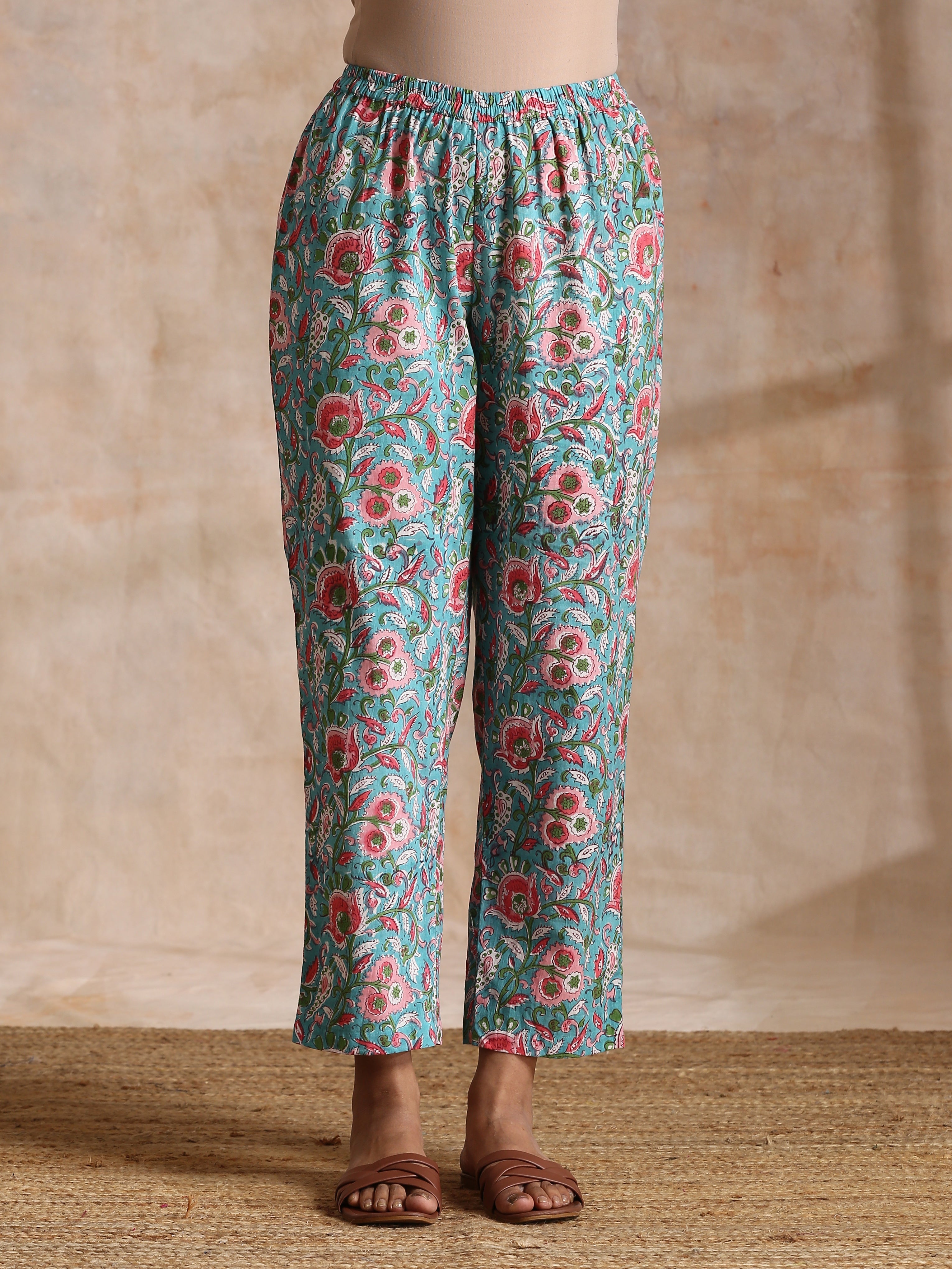 trueBrowns Turkish Blue Overall Floral Block Print Cotton Flared Kurta Pant Set - Distacart