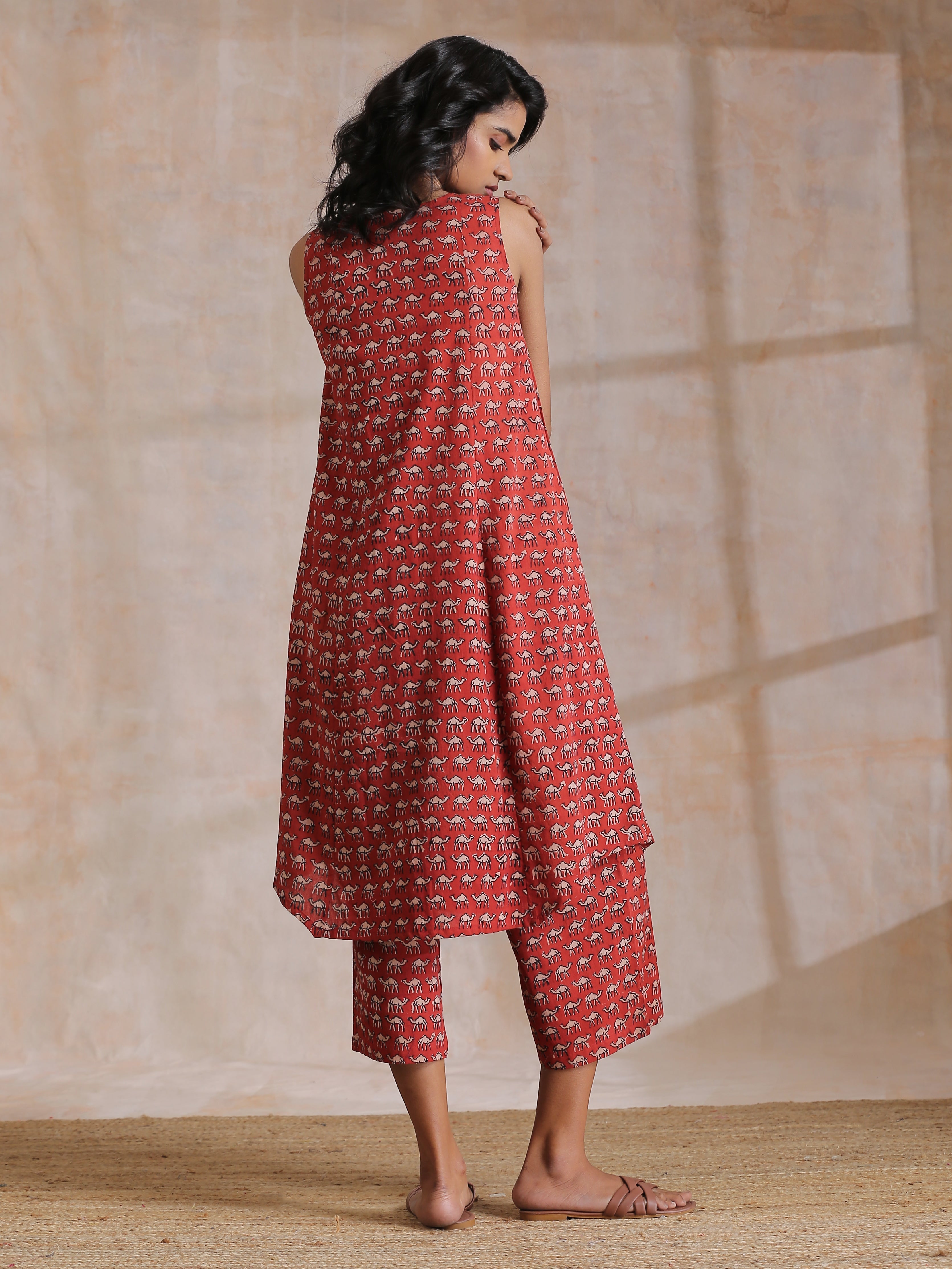 trueBrowns Rust Red Bagru Camel Print Cotton High-Low Co-Ord Set - Distacart