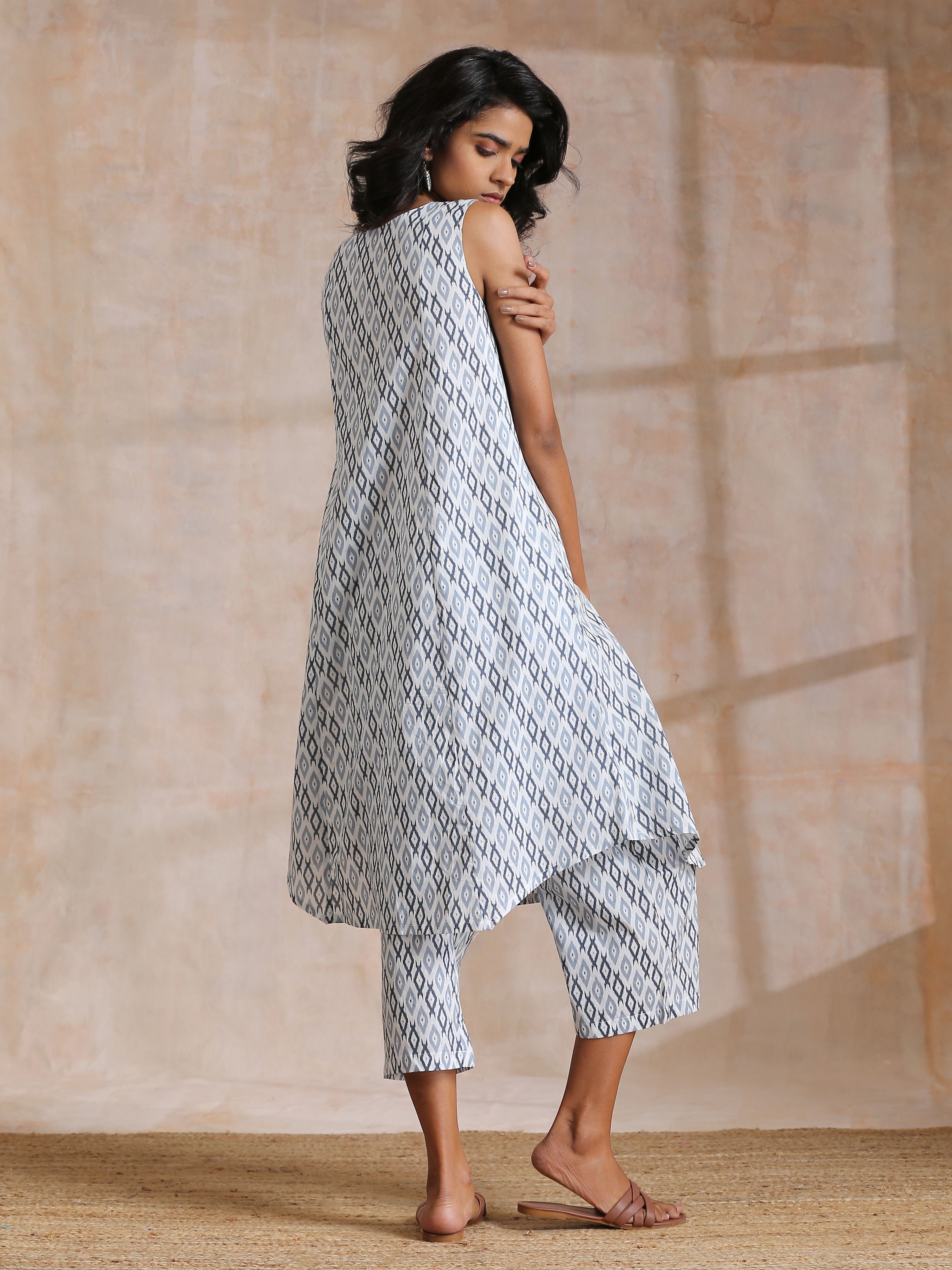 trueBrowns Multi Grey On Grey Ikat Print Cotton High-Low Co-Ord Set - Distacart