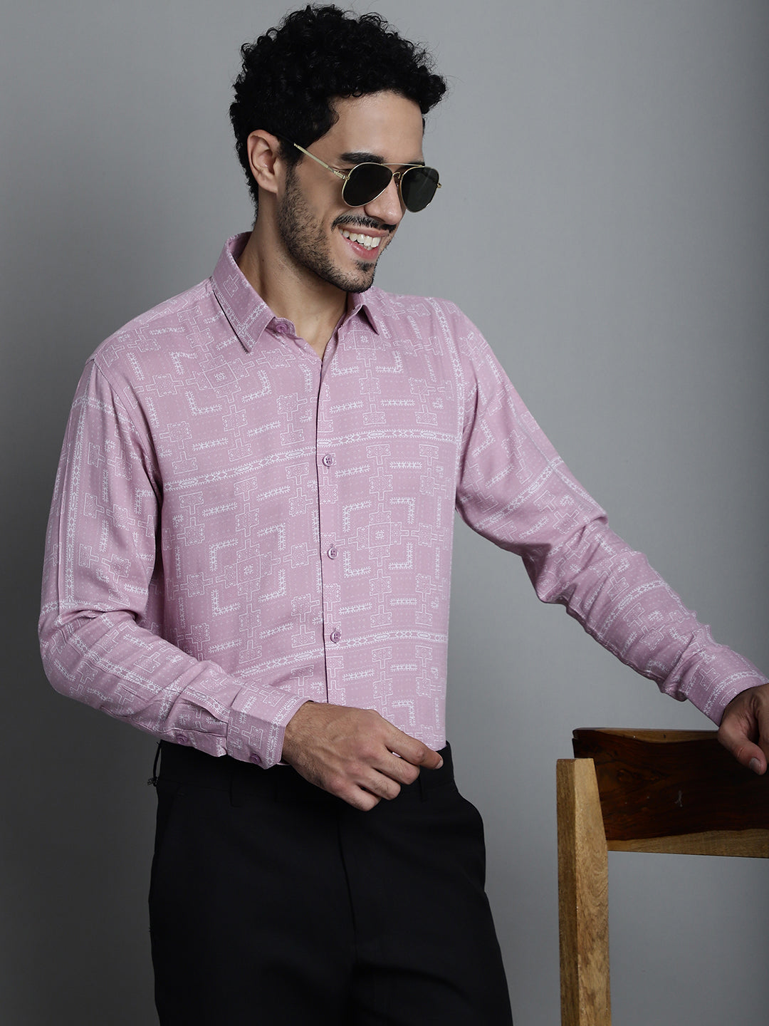 Jainish Men's Geomatric Printed Formal Shirts - Magenta - Distacart
