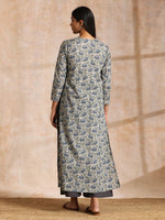 Thumbnail for trueBrowns Blue Grey Overall Floral Block On White Print Cotton Kurta Pant Set - Distacart