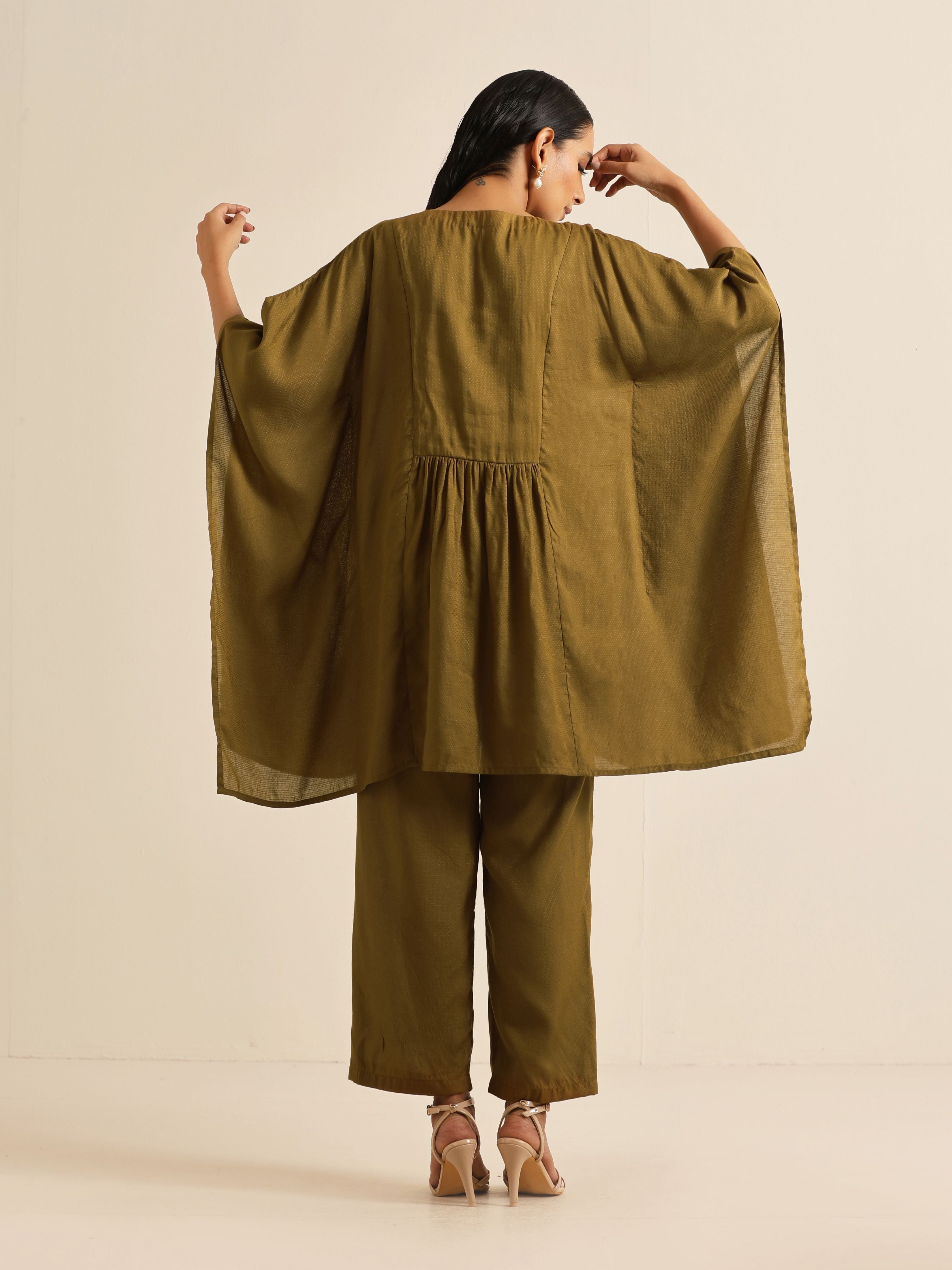 trueBrowns Olive Green Texture Doddy Kaftan Gathered Co-Ord Set - Distacart