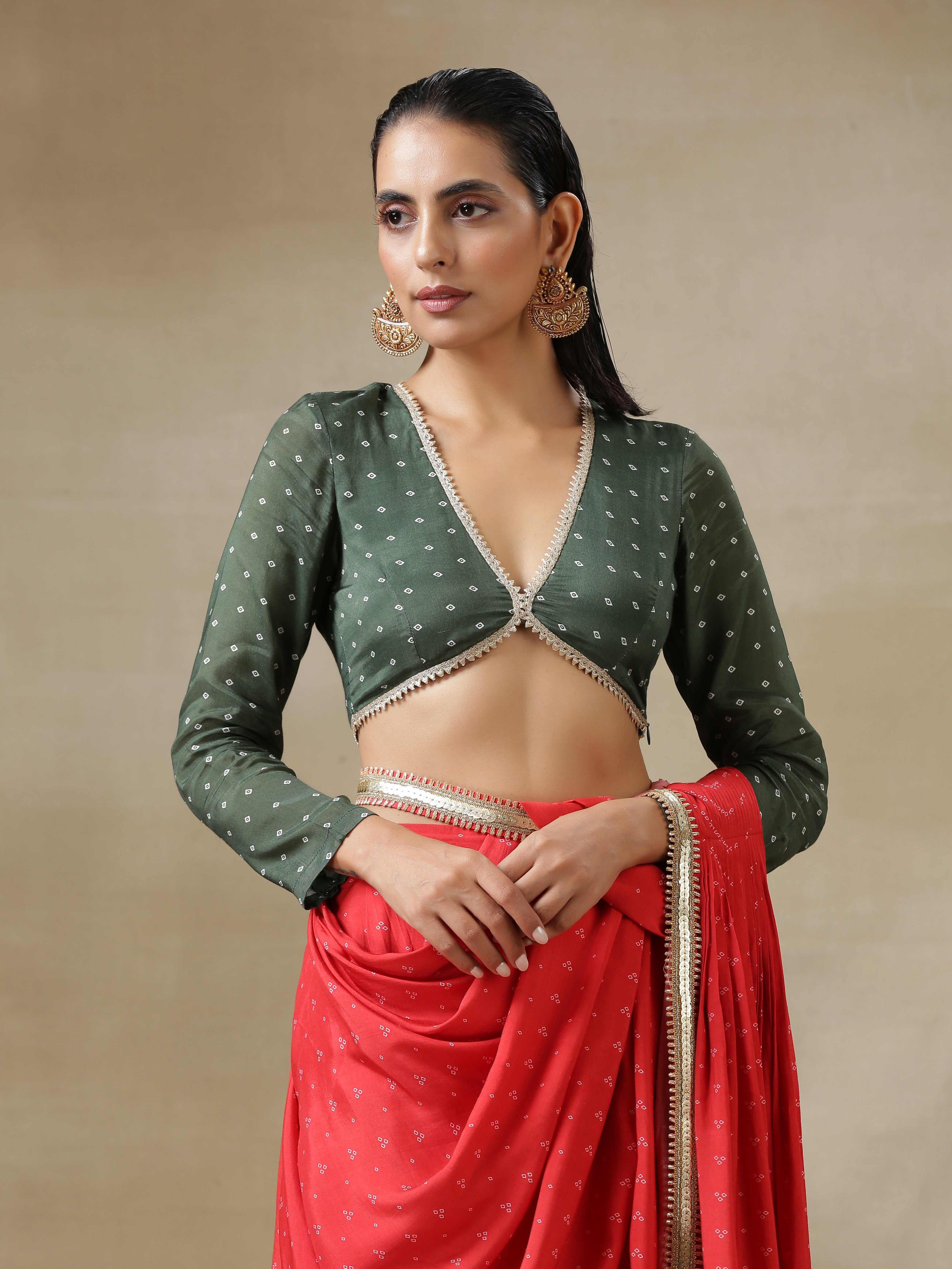 trueBrowns Red Bandhani Printed Silk Skirt Stitched Saree with Belt - Distacart