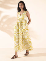 Thumbnail for trueBrowns Lime Cotton Ikat Sleeveless Flared Dress - Distacart