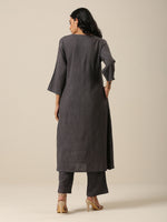 Thumbnail for trueBrowns Slate Grey Slub Texture Overlap Pleat Kurta Pant Set - Distacart