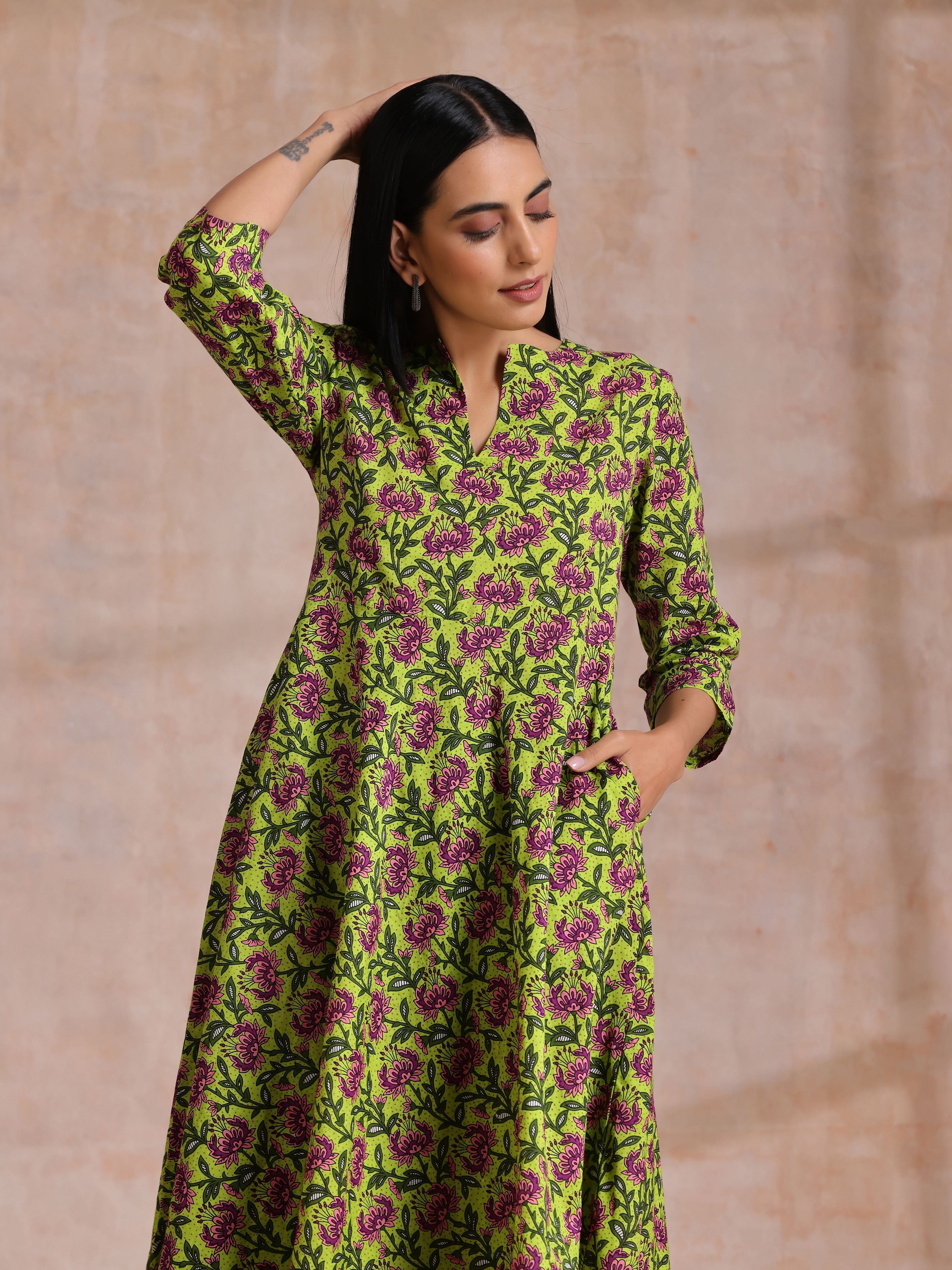 trueBrowns Lime Green Overall Pink Floral Block Print Cotton Flared Kurta Pant Set - Distacart