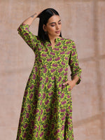 Thumbnail for trueBrowns Lime Green Overall Pink Floral Block Print Cotton Flared Kurta Pant Set - Distacart