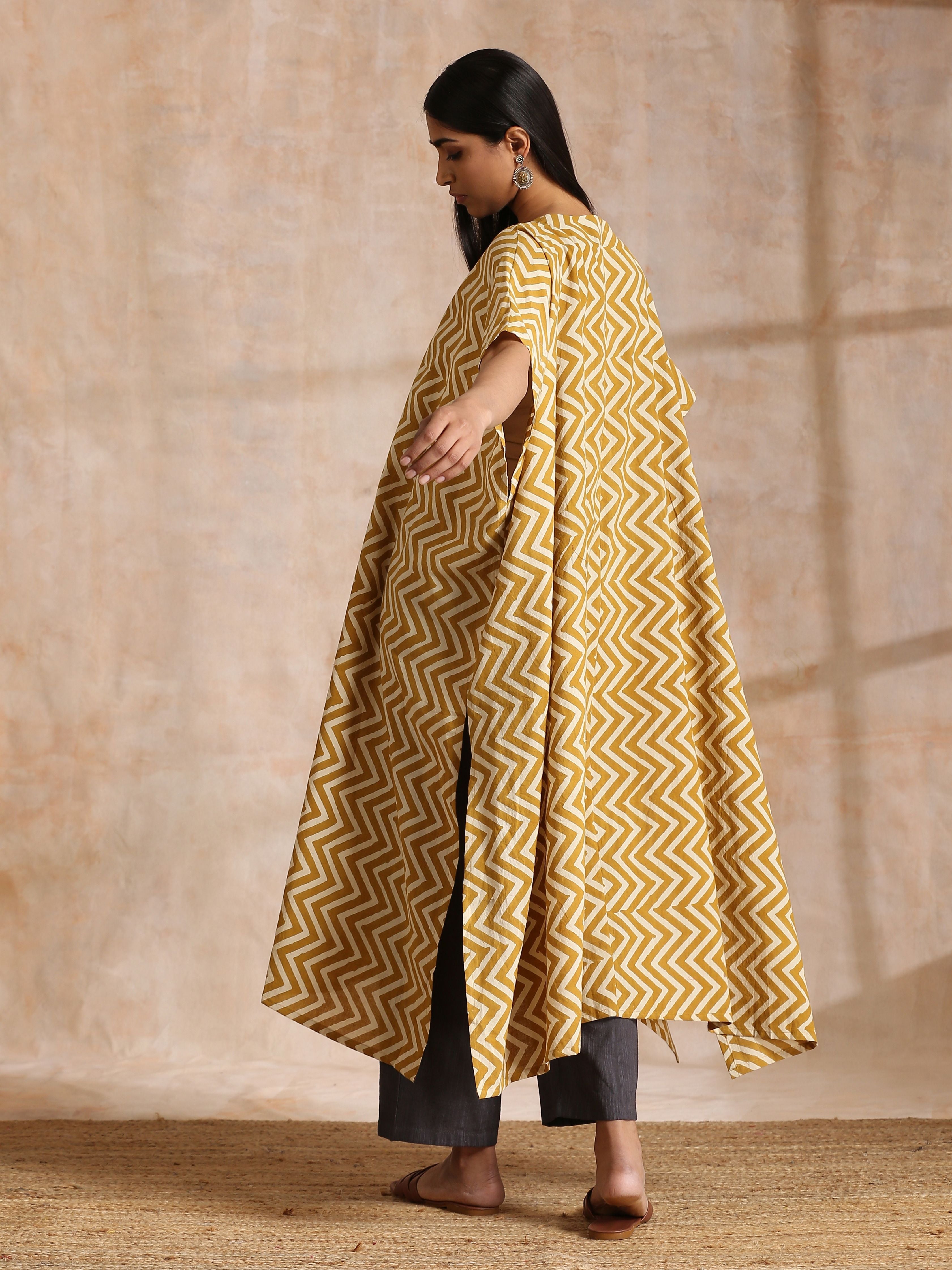 trueBrowns Mustard Dabu Zig-Zag Lines Print Cotton Panel Kaftan Kurta Pant Set - Distacart