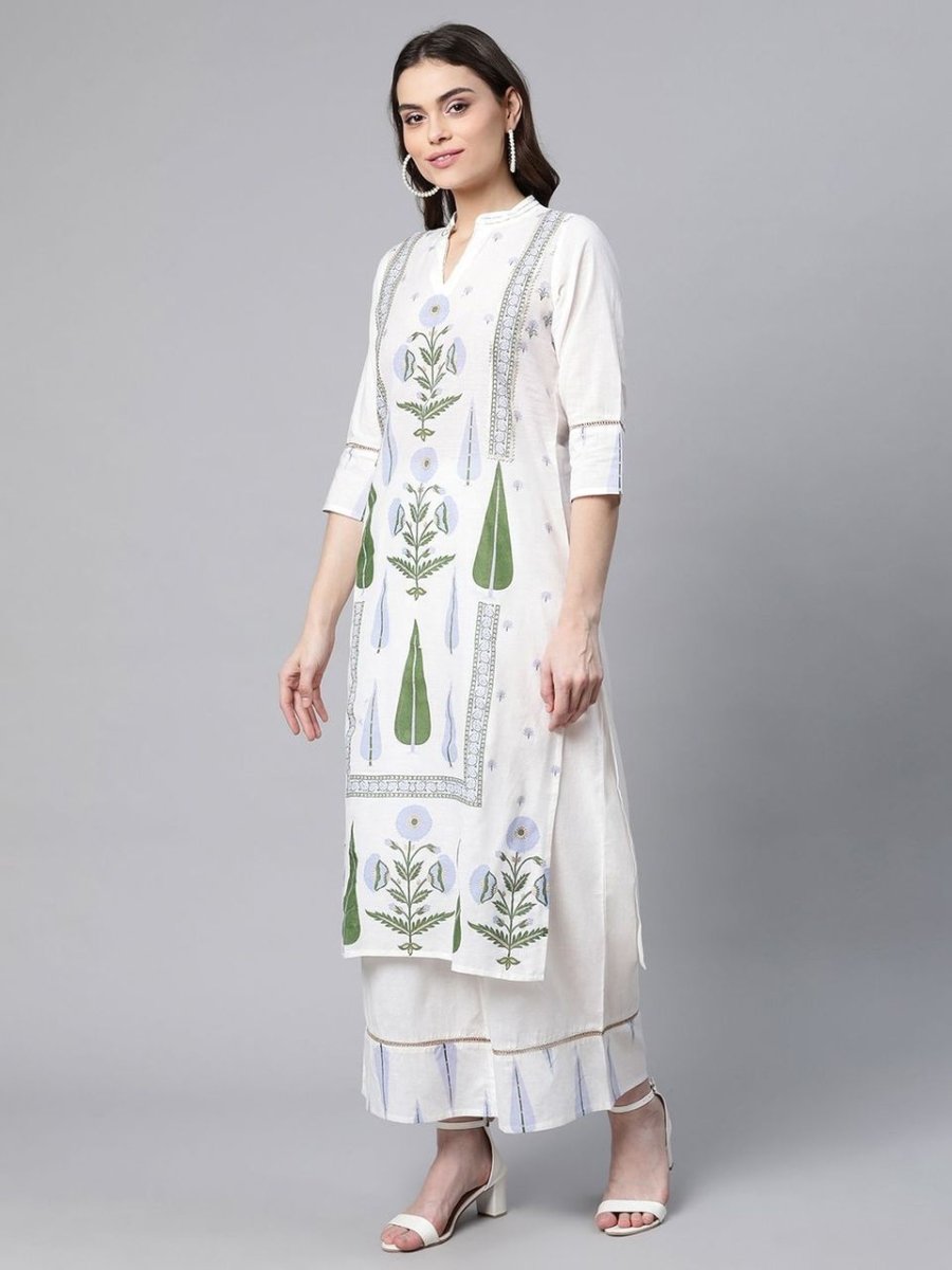 Ahalyaa Women Off White Colour Pure Cotton Printed Kurta Palazzo Set With Dupatta - Distacart