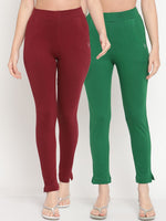 Thumbnail for TAG 7 Women Set of 2 Maroon & Green Ankle Length Leggings - Distacart