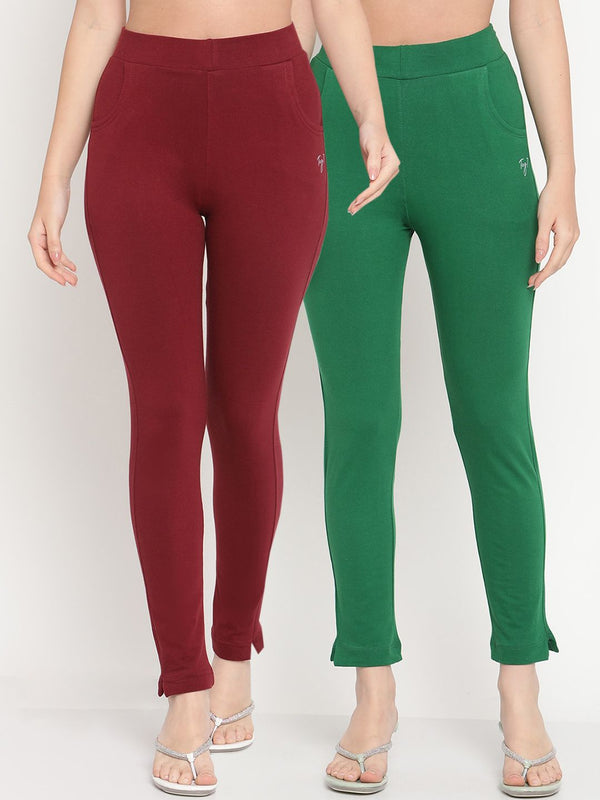 TAG 7 Women Set of 2 Maroon & Green Ankle Length Leggings - Distacart