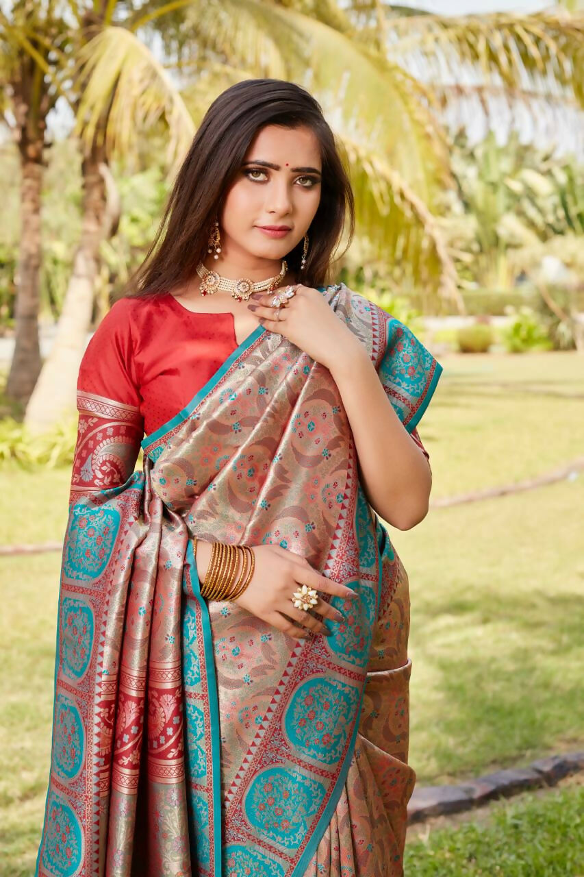 Vastranavya Boutique Collection Kanjivaram Soft Silk Saree With Unstitched Blouse - Peach - Distacart