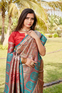 Thumbnail for Vastranavya Boutique Collection Kanjivaram Soft Silk Saree With Unstitched Blouse - Peach - Distacart