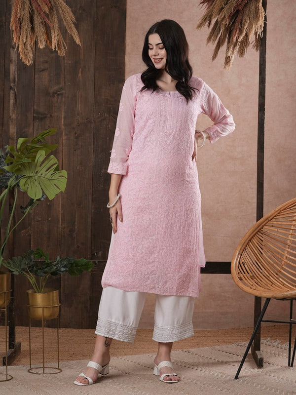 ADA Women Pink Chikankari Hand Embroidered Straight Kota Handloom Kurta With Matching Slip - Distacart