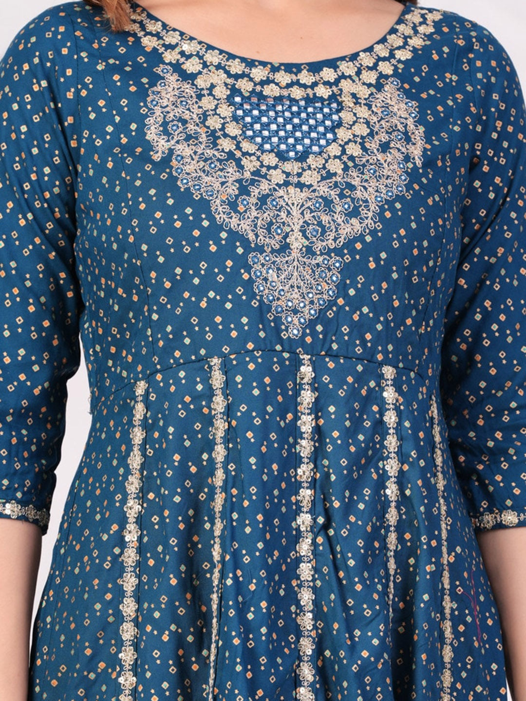 Women Ethnic Motifs Printed Panelled Thread Work Kurta With Trousers & Dupatta (Blue) - Rasiya