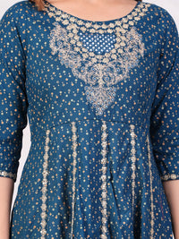 Thumbnail for Women Ethnic Motifs Printed Panelled Thread Work Kurta With Trousers & Dupatta (Blue) - Rasiya