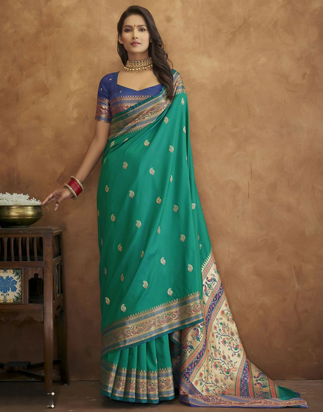 Vastranavya Turquoise Soft Paithani Silk Saree With Gold Zari Weaving Motifs With Matching Blouse Fabric - Distacart