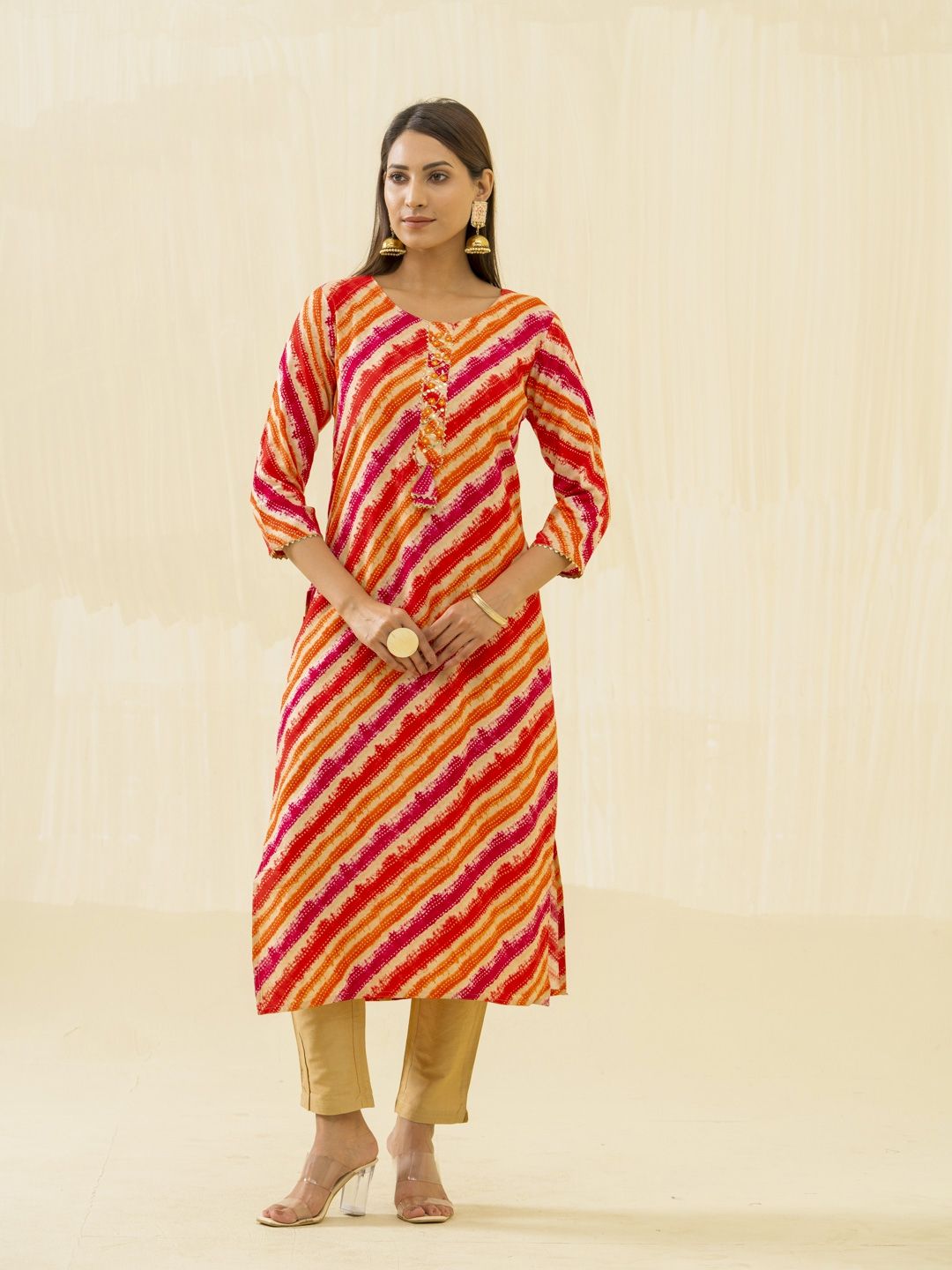 Ode by House of Pataudi Orange Striped Round Neck Gotta Patti Straight Kurta - Distacart