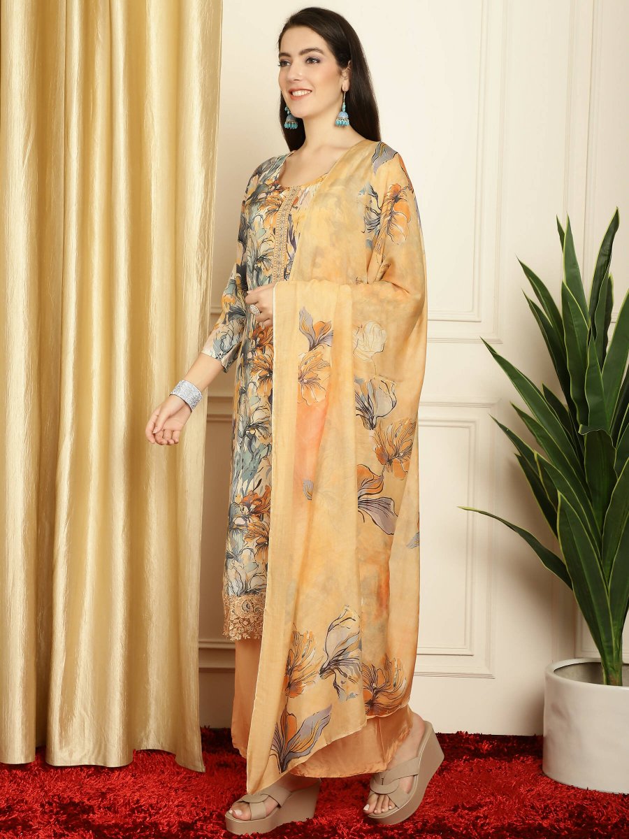 Aastha Fashion Women's Multicolor Muslin Digital Printed with Embroidered Lace work Kurta with Trouser & Dupatta - Distacart