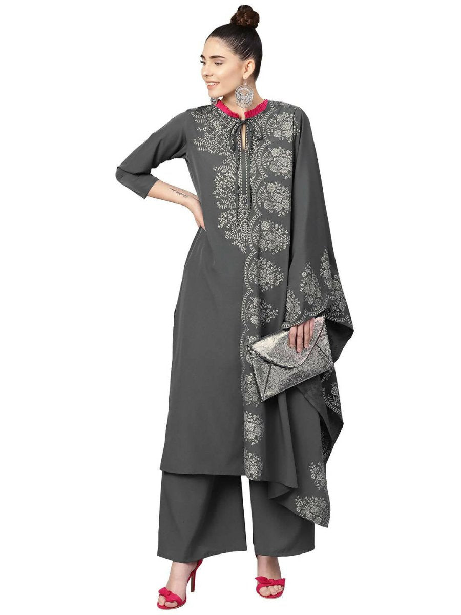 Ahalyaa Grey Crepe Printed Kurta Palazzo Set With Dupatta - Distacart
