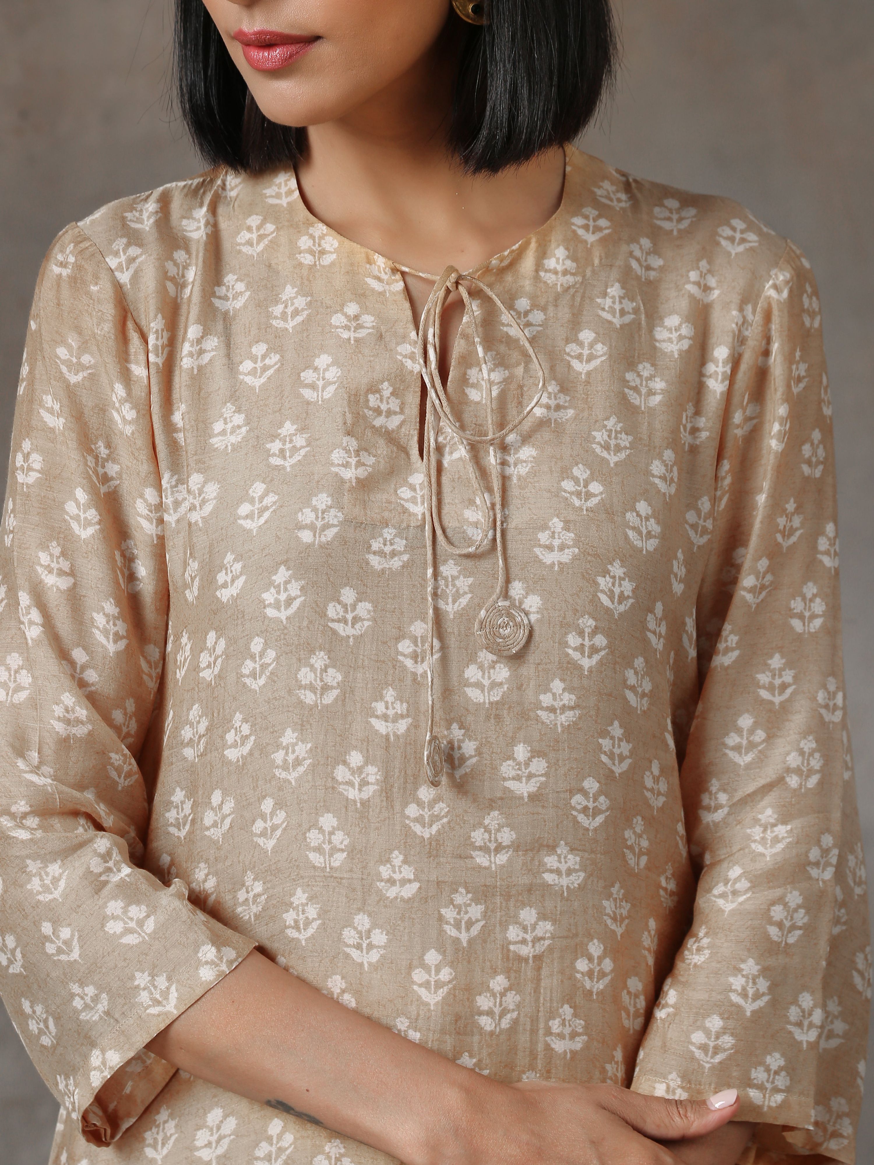 trueBrowns Beige White Printed Silk Co-Ord Set - Distacart