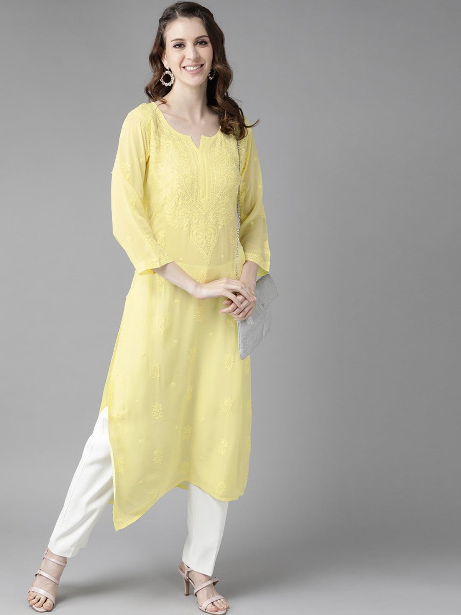 ADA Women Yellow Ethnic Motifs Embroidered Chikankari Georgette Handloom Kurta - Distacart