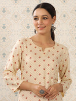 Thumbnail for Ode by House of Pataudi Cream-Coloured & Red Printed Notched Neck Kurta With Palazzos - Distacart