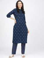 Thumbnail for Vishudh Women Navy Blue Floral Printed Pure Cotton Kurta with Palazzos - Distacart