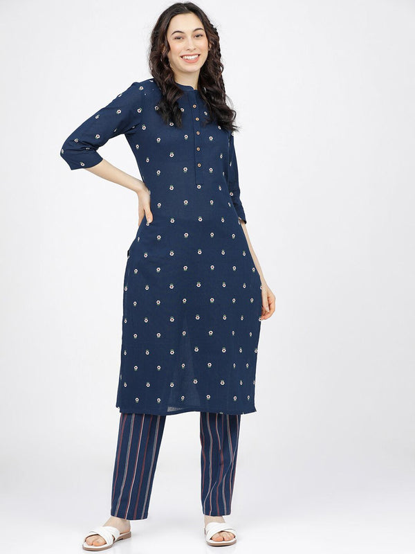 Vishudh Women Navy Blue Floral Printed Pure Cotton Kurta with Palazzos - Distacart