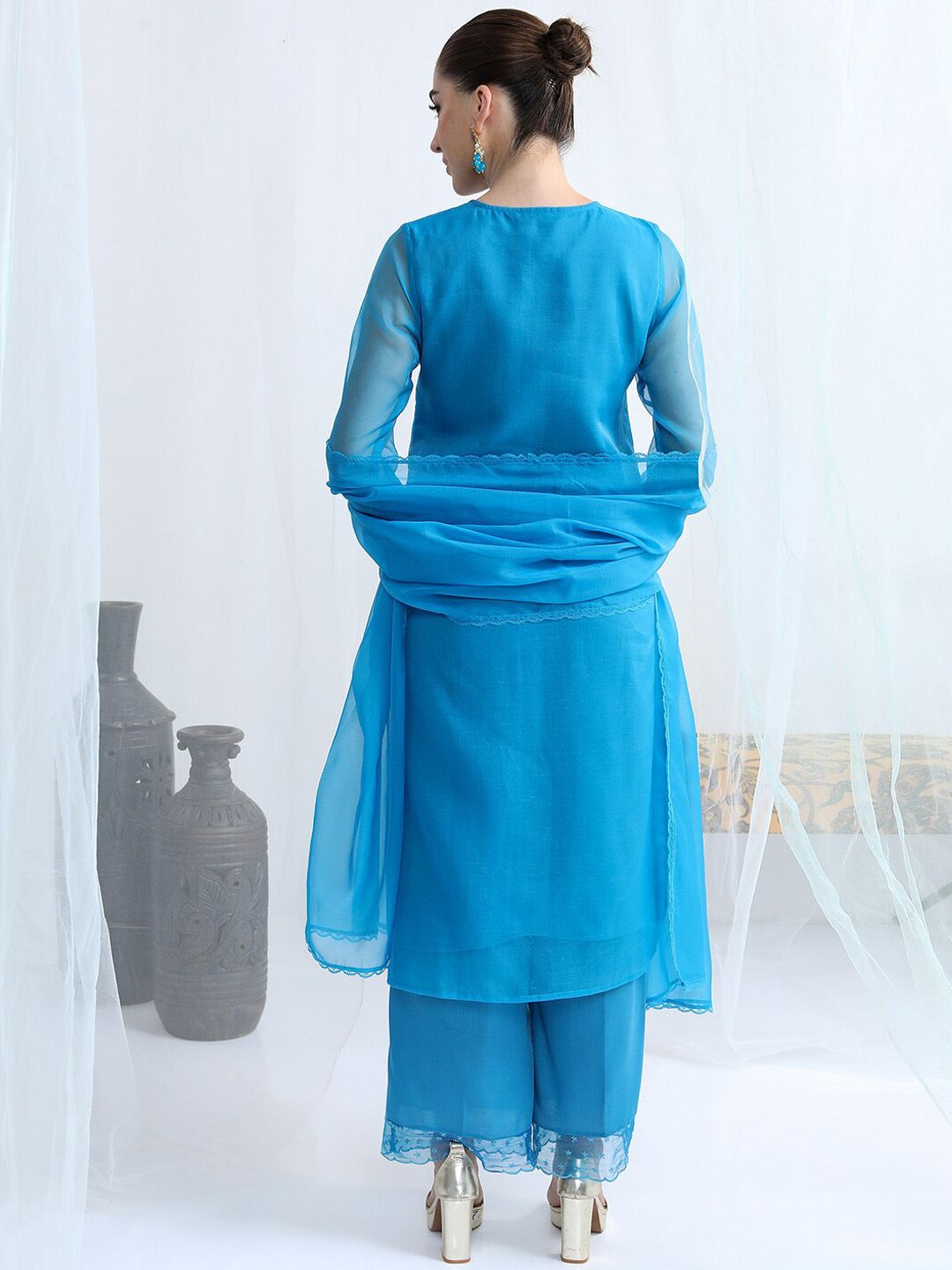 Vishudh Blue Floral Embroidered Keyhole Neck Straight Kurta & Palazzos With Dupatta - Distacart