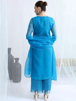 Thumbnail for Vishudh Blue Floral Embroidered Keyhole Neck Straight Kurta & Palazzos With Dupatta - Distacart