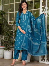 Thumbnail for Floral Printed V-Neck Pure Cotton Straight Kurta Palazzos & With Dupatta (Blue) - Rasiya