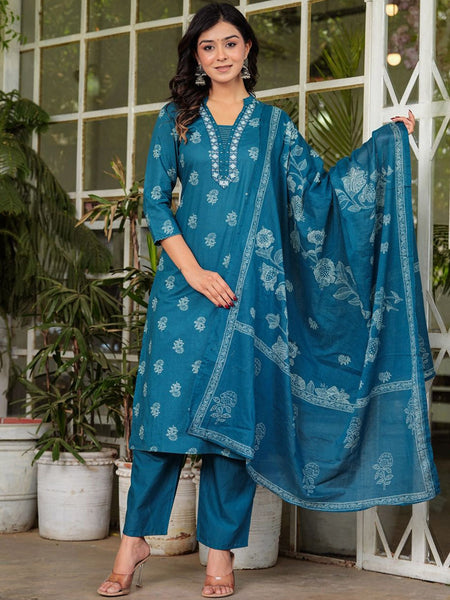 Floral Printed V-Neck Pure Cotton Straight Kurta Palazzos & With Dupatta (Blue) - Rasiya