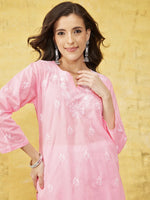 Thumbnail for ADA Women Pink & White Chikankari Embroidered Straight Sustainable Handloom Kurta - Distacart