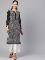 Thumbnail for ADA Women Black & White Chikankari Hand Embroidered Semi-Sheer Straight Sustainable Handloom Kurta - Distacart