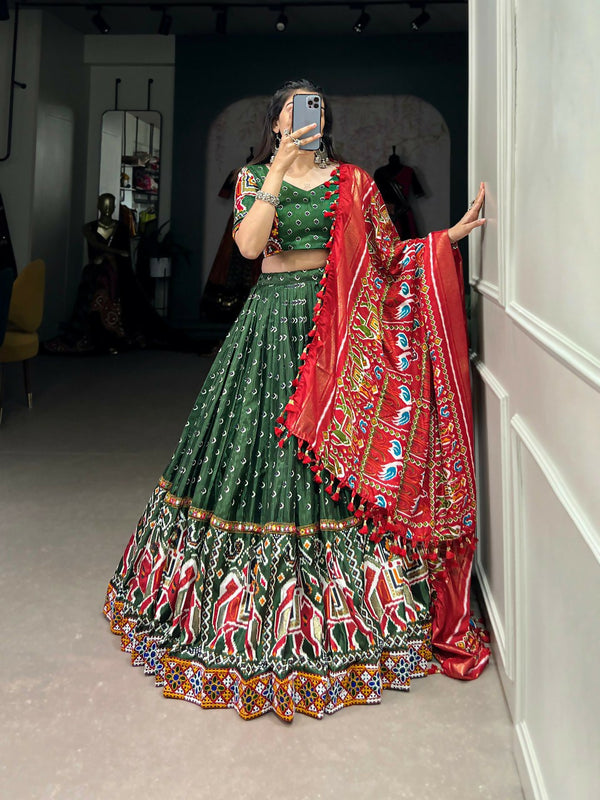 Vastranavya Navaratri Special Dola Silk Patola Print With Gamthi Work Lace Border Lehenga with Stitched Blouse - Green - Distacart
