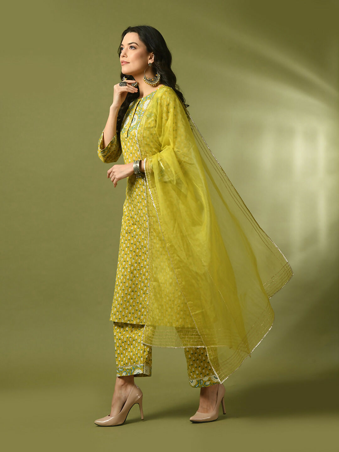 Myshka Women's Yellow Printed Cotton Straight Party Kurta Set With Dupatta - Distacart