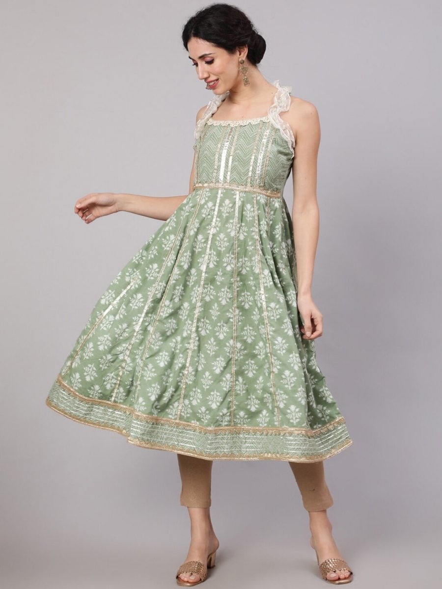 Aks Floral Printed Shoulder Straps Empire Gotta Patti Pure Cotton Kurta - Distacart