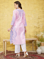 Thumbnail for ADA Women Pink & Blue Chikankari Hand Embroidered Semi-Sheer Straight Sustainable Handloom Kurta - Distacart