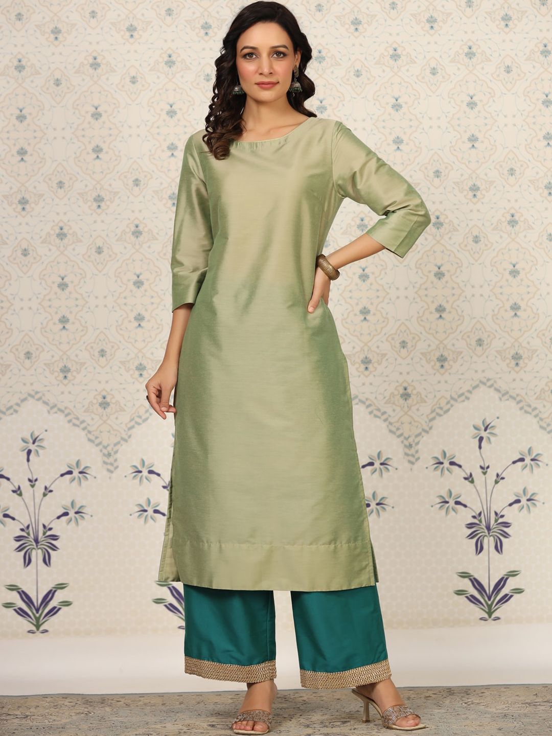 Ode by House of Pataudi Round Neck Kurta With Palazzos - Distacart