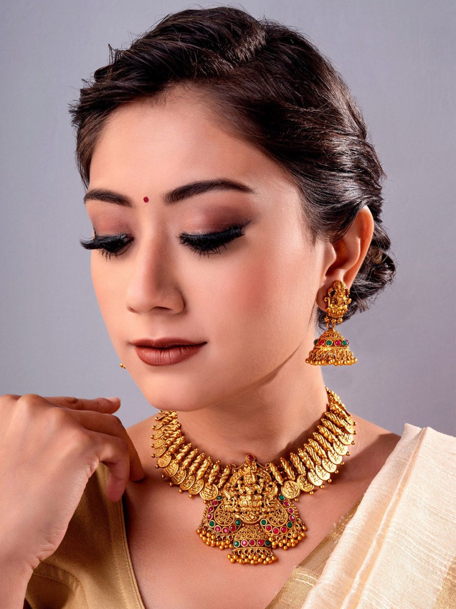Aadita Gold-Toned Stone-Studded Temple Jewelry Set - Distacart