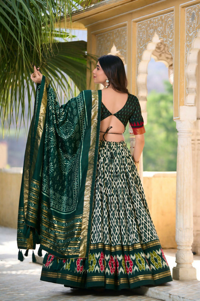 Vastranavya Designer Ikkat Print With Foil Work Lehenga Choli - Green - Distacart