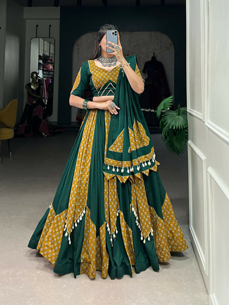 Vastranavya Navaratri Special Pure Cotton Printed With Cowrie (Kodi) Lace Touch Up Lehenga with Stitched Blouse - Green - Distacart