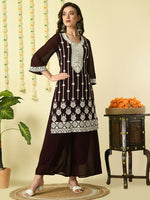 Thumbnail for Myshka Women's Coffee Brown Georgette Kurta & Palazzos With Dupatta Party Sets - Distacart