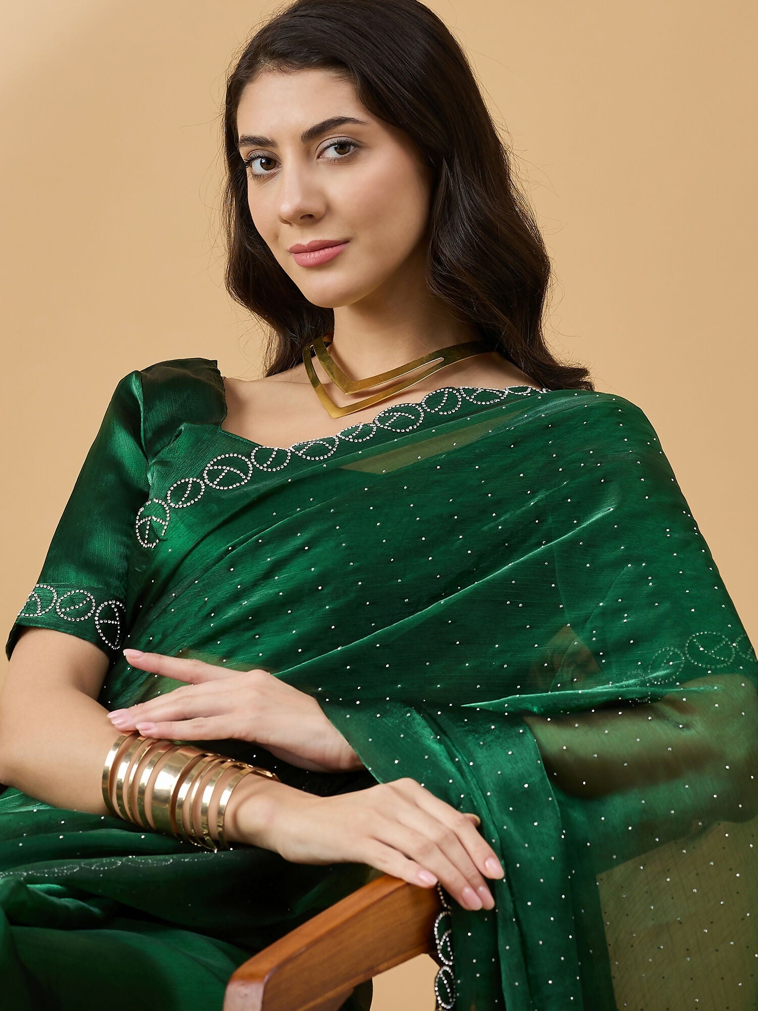 Green Organza Swaroski Diamond Work Saree with Unstitched Blouse - Radha - Distacart