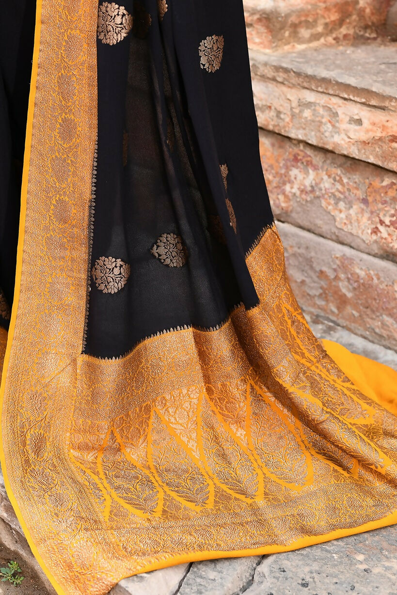 Joban Fashion Black Crepe Chiffon Pure Handloom Banarasi Silk Saree