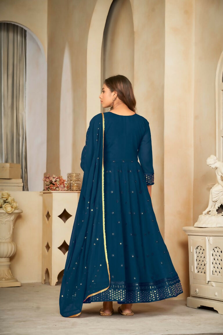 Jyoti Fashion Women's Rama Georgette Embroidered Anarkali Kurta Pant Set With Dupatta